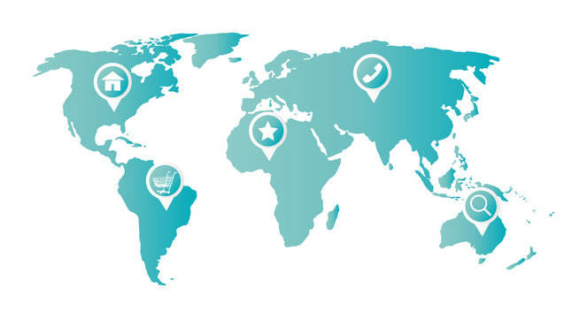 home cart phone favorite magnifying glass icon on a world map
