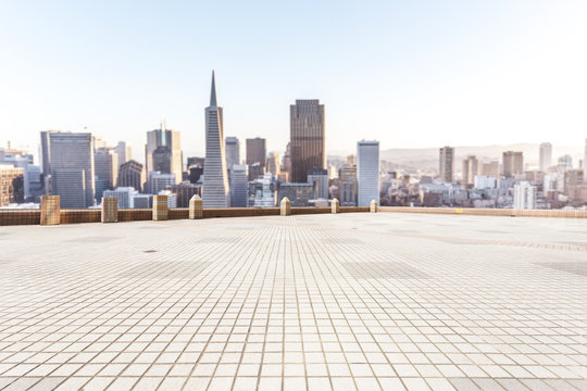 empty marble floor with cityscap and skyline of san francisco