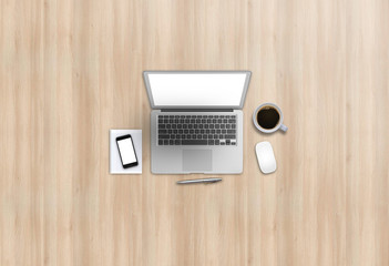 Office desk business modern image for mock up with smart devices. Wooden background. View from above