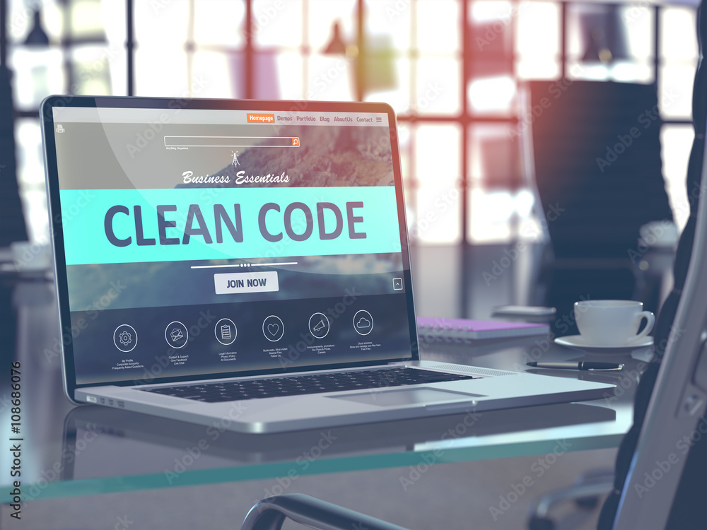 Poster clean code concept - closeup on laptop screen in modern office workplace. toned image with selective