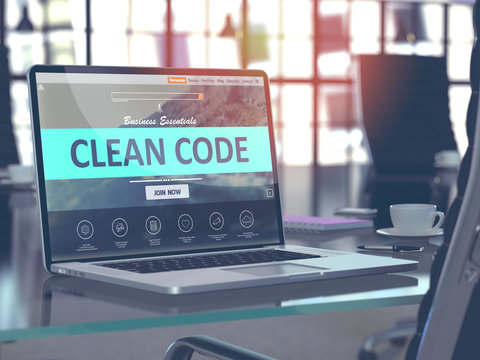 Clean Code Concept - Closeup on Laptop Screen in Modern Office Workplace. Toned Image with Selective Focus. 3D Render.