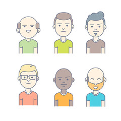 Colorful Thin Line Icons Set of People Avatars. Colorful Male Faces Icons. Flat Layout Style, Line Business Concept, Vector Illustration.