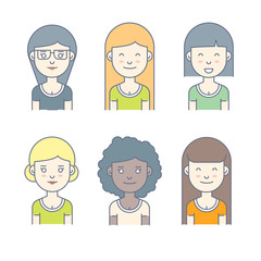 Colorful Thin Line Icons Set of People Avatars. Colorful young Girls with Various Hair Style Faces Icons. Flat Layout Style, Line Business Concept, Vector Illustration.