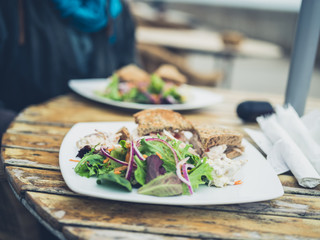Plate with salad and ssandwich