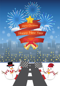 merry christmas and happy new year on a red ribbin and Snowman with road to night city background 