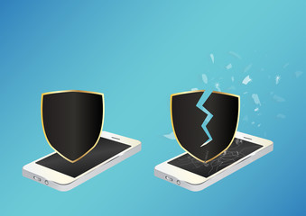 smartphone with protected shield and broken unprotected shield