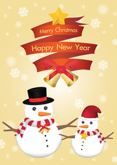 merry christmas and happy new year ribbin with snowman and snow light bokeh background