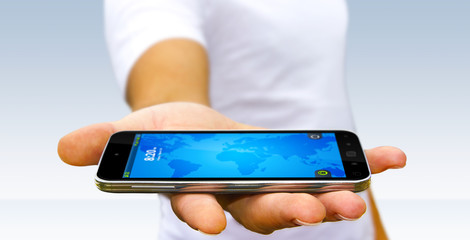 Young man using modern mobile phone