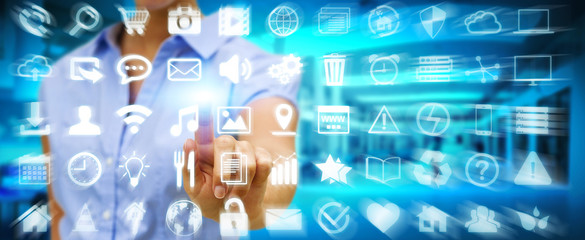 Businesswoman using digital tactile screen interface with web ic