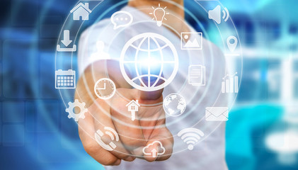 Businessman using digital tactile screen interface with web icon