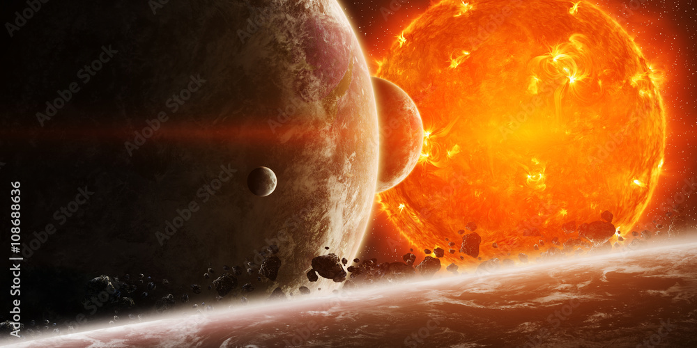 Wall mural exploding sun in space close to planet