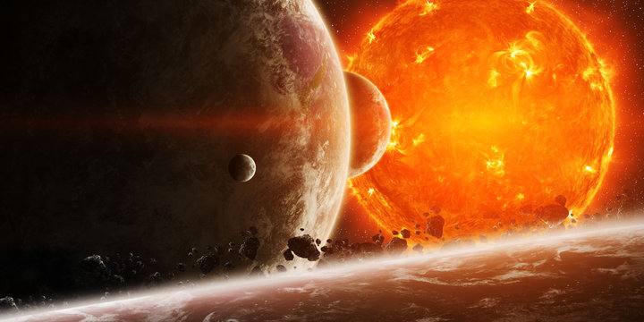 Exploding sun in space close to planet