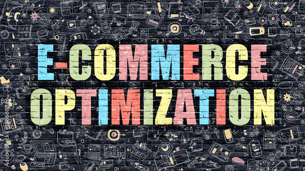 Poster e-commerce optimization concept. e-commerce optimization drawn on dark wall. e-commerce optimization