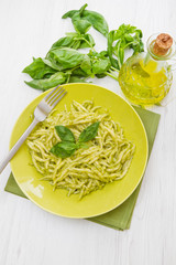 pesto trofie typical ligurian  recipe in green dish