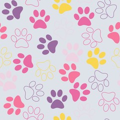 Vector seamless pattern with cat or dog footprints. Cute colorfu