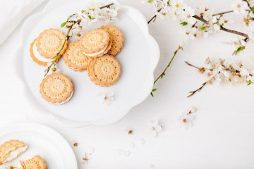 Cookies on white plate with blossom plum tree