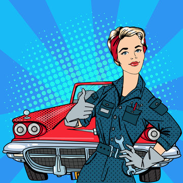 Girl with Tools. Working Woman Gesturing Great. Vintage American Car