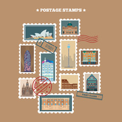 Travel Postage Stamps. Famous Buildings. Time to Travel.