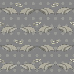 Seamless pattern with wings and halo on gray background