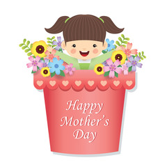 Happy Mother's Day / Cute little girl with a pot of beautiful flowers isolated on white background / Mother's day greeting card illustration, cartoon vector.