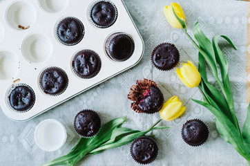 Chocolate muffins with cherries