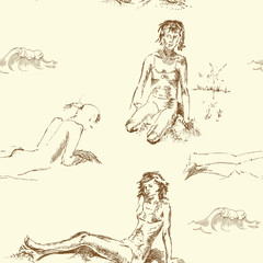  Seamless pattern with women on the beach