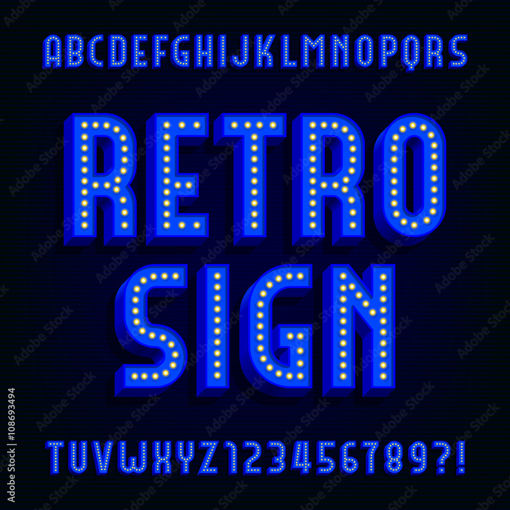 Poster retro sign alphabet vector font. 3d type letters with light bulbs and shadows. vector typeface for y