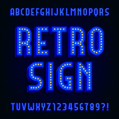 Retro sign alphabet vector font. 3D type letters with light bulbs and shadows. Vector typeface for your design.