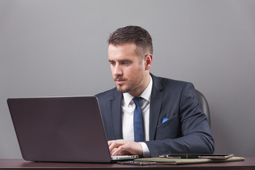 Handsome business man working with laptop in office