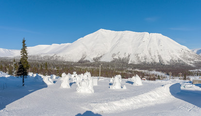 Winter view of the snow-covered mountain. In the foreground of s