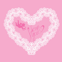 White Heart shape is made of lace doily on pink background, Holi