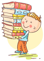 Little boy is carrying a big pile of books