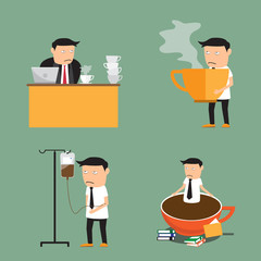 coffee addiction elements. businessman need more coffee, vector