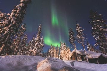 Beautiful picture of massive multicoloured green vibrant Aurora Borealis, Aurora Polaris, also know as Northern Lights in the night sky over winter Lapland landscape, Norway, Scandinavia