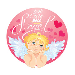Cute Cupid in the round pink frame. Valentines Day card design.