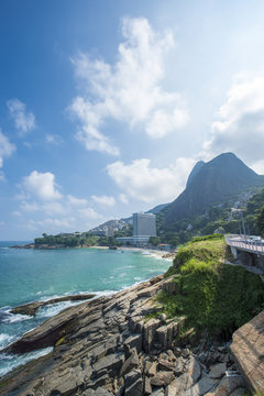 Scenic view from the coastal bike path connecting the neighborhoods of Ipanema and Sao Conrado (and to Barra beyond) in Rio de Janeiro, Brazil