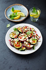 Grilled Zucchini and Aubergine with Feta, Pomegranate Seeds and Toasted Cashews 