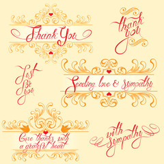 Set with Thank you cards in yellow and red colors. Stylish flora