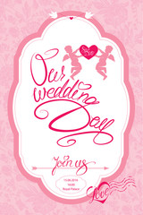  Wedding Invitation Card with cute angels and heart with calligr