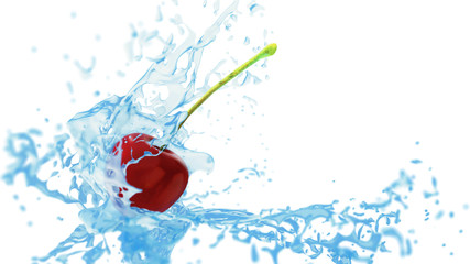 Fresh red cherry touches the water flow, creating splashes. 3d r