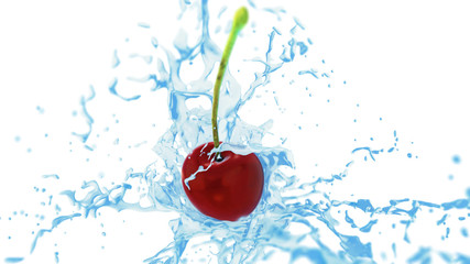 Fototapeta na wymiar Fresh red cherry in splashes of water on white background. 3d re