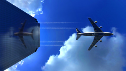 Fototapeta na wymiar Jet plane flying low over commercial office building skyscraper