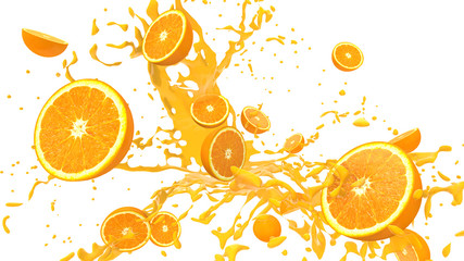 Oranges sliced in half floating in the air with splashes and dro - 108699695