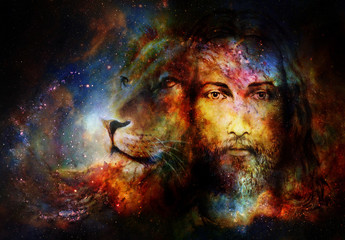 painting of Jesus with a lion in cosimc space, eye contact and lion profile portrait.