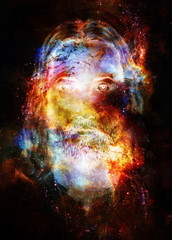Jesus Christ painting with radiant colorful energy of light in cosmic space, eye contact.