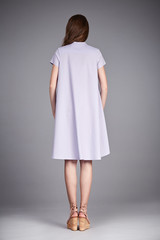 Catalog of fashion clothes for business woman mom casual office style meeting walk party silk cotton dress summer collection accessory shoes beautiful model long brunette hair natural make up  back