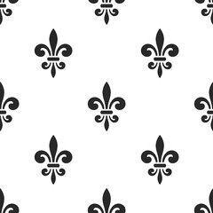 Golden fleur-de-lis seamless pattern. Black white template. Floral classic texture. Fleur de lis royal lily retro background. Design vintage for card, wallpaper, wrapping, textile. Vector Illustration © alona_s
