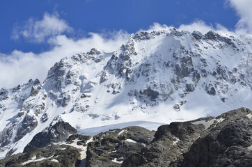 Gently the scattered clouds floated due to the snowy mountain