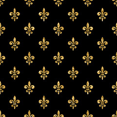 Golden fleur-de-lis seamless pattern. Gold glitter and black template. Floral texture. Glowing fleur de lis royal lily. Design vintage for card, wallpaper, wrapping, textile, etc. Vector Illustration. - obrazy, fototapety, plakaty