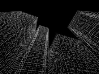 White wire frame lines over black background